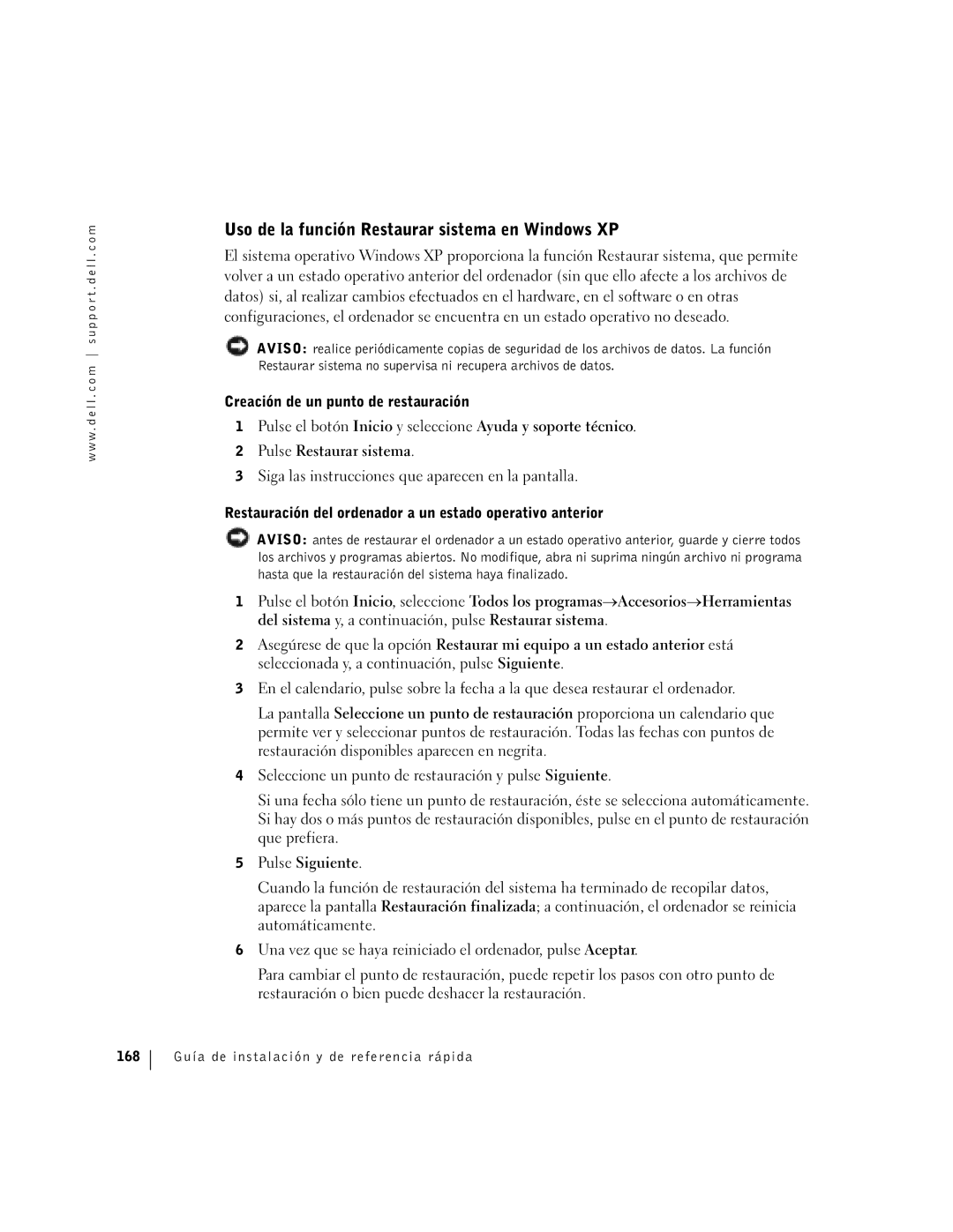 Dell F0276 Uso de la función Restaurar sistema en Windows XP, Restauración del ordenador a un estado operativo anterior 