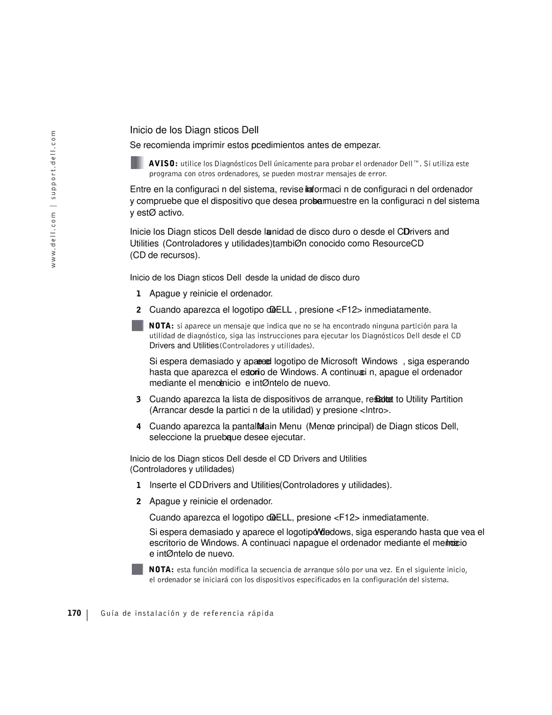 Dell F0276 manual Inicio de los Diagnósticos Dell, 170 Guía de instalación y de referencia rápida 