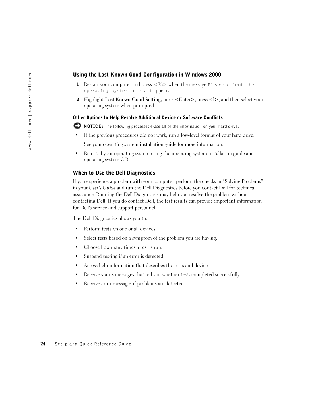 Dell F0276 manual Using the Last Known Good Configuration in Windows, When to Use the Dell Diagnostics 