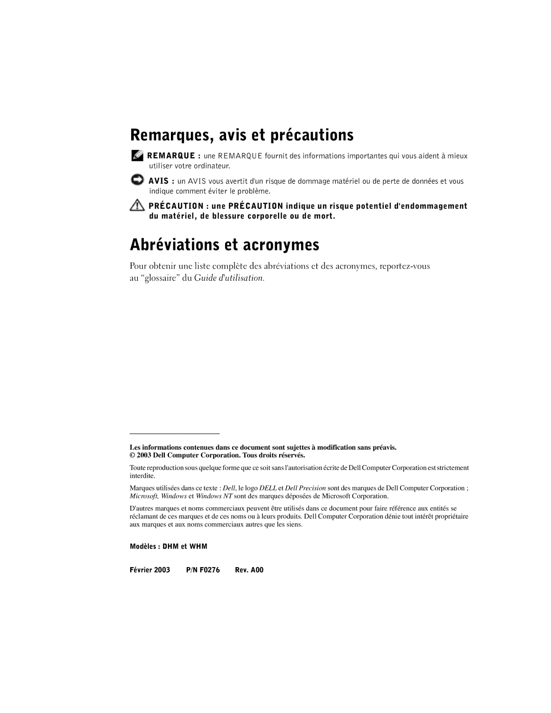 Dell F0276 manual Remarques, avis et précautions, Abréviations et acronymes 