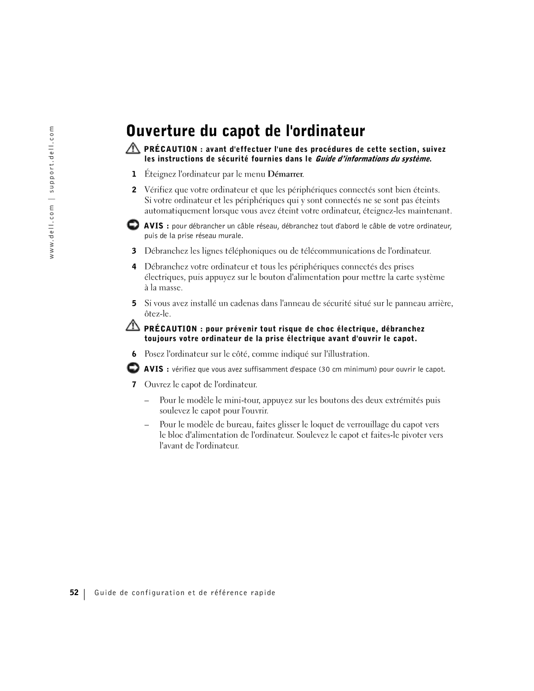 Dell F0276 manual Ouverture du capot de lordinateur 