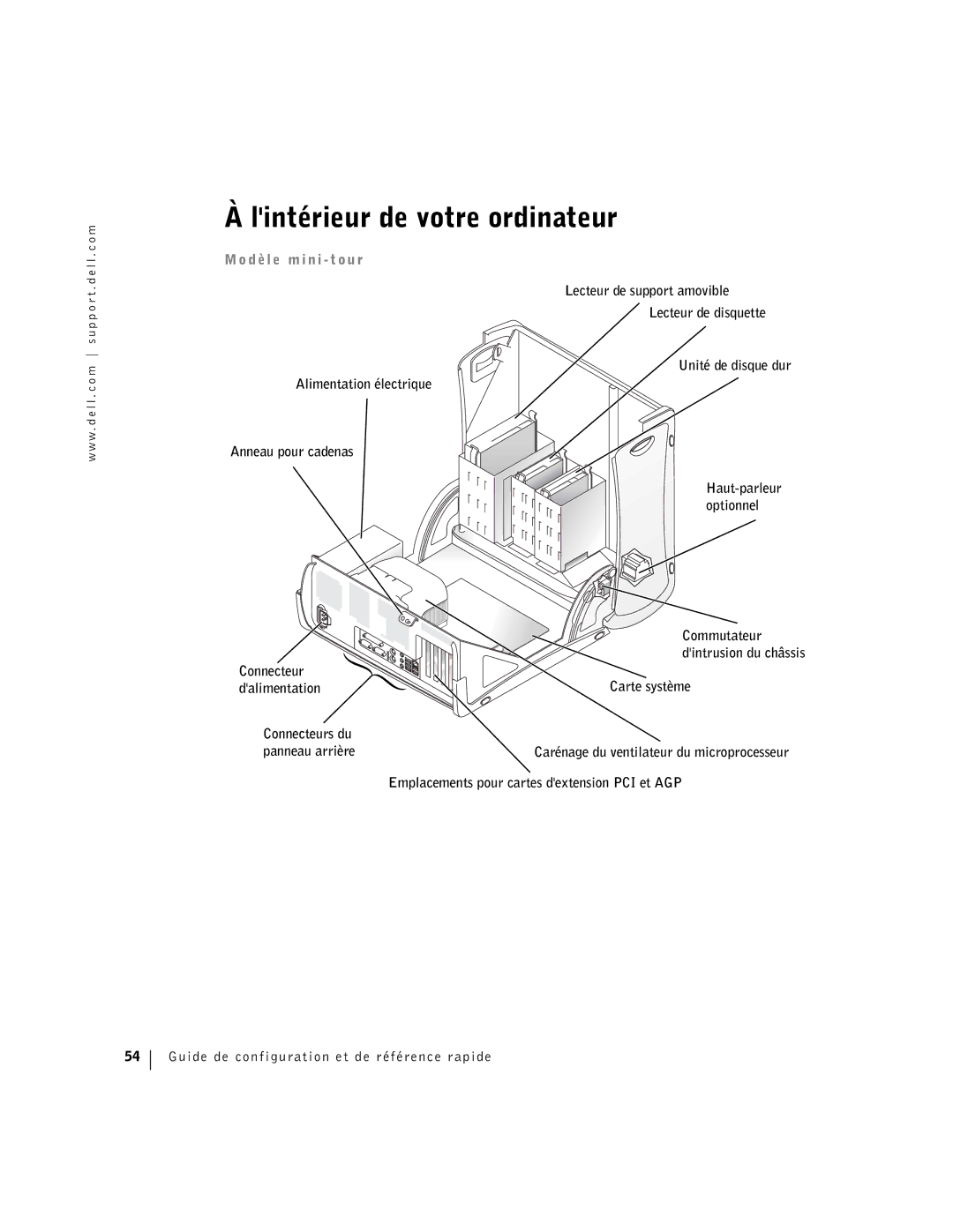 Dell F0276 manual Lintérieur de votre ordinateur, D è l e m i n i t o u r, Emplacements pour cartes dextension PCI et AGP 