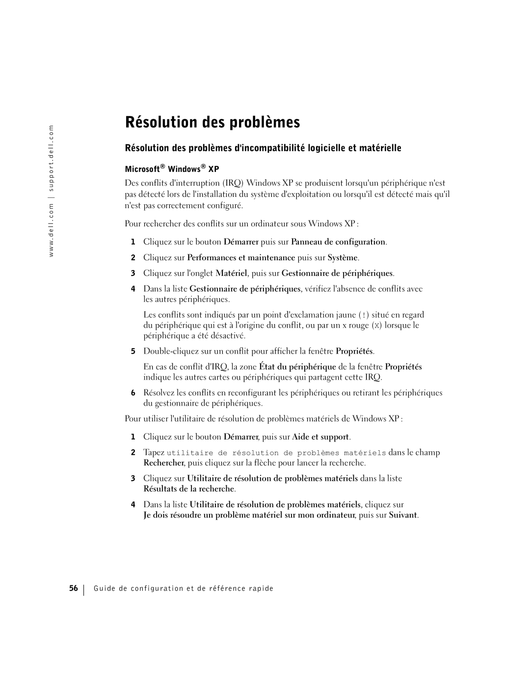 Dell F0276 manual Résolution des problèmes, Microsoft Windows XP 