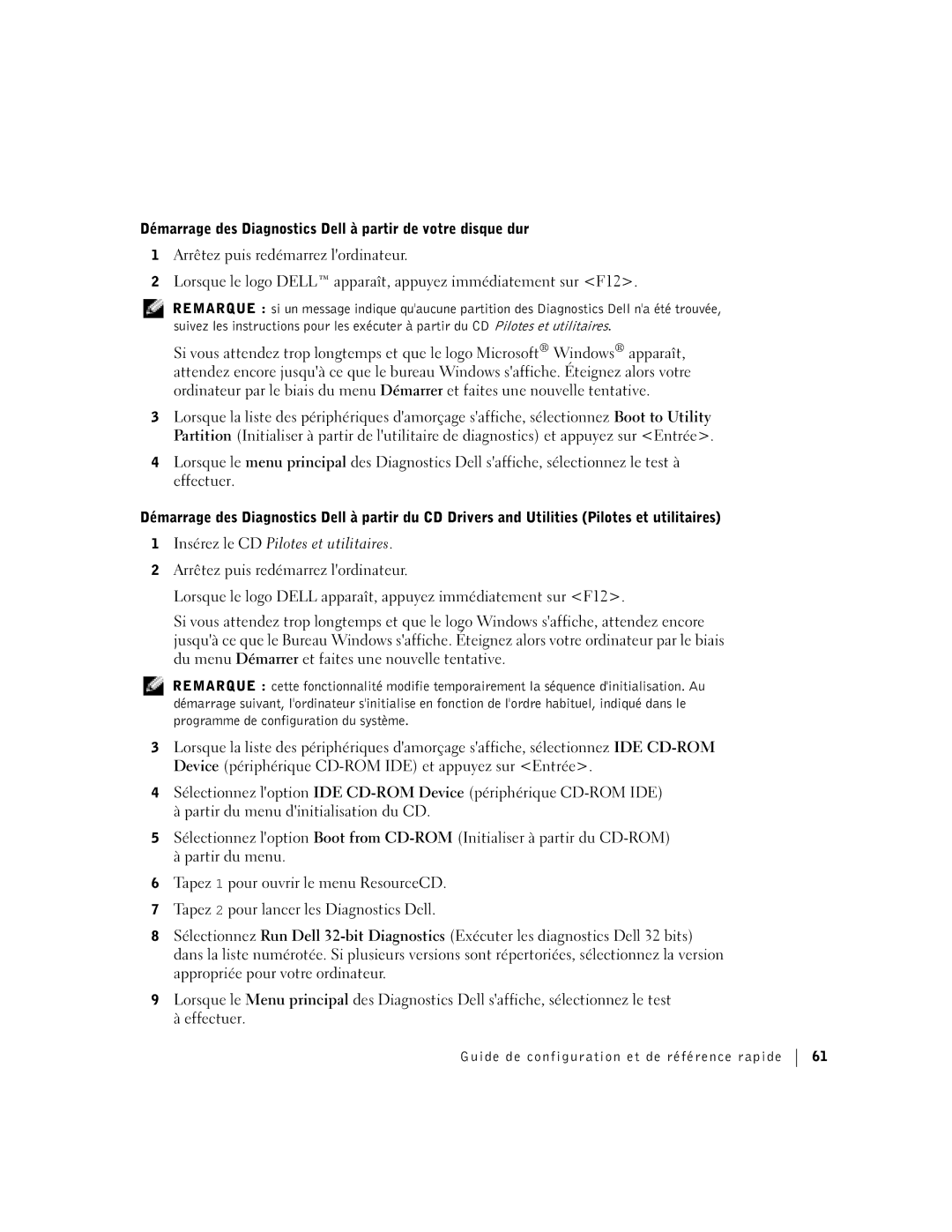 Dell F0276 manual Démarrage des Diagnostics Dell à partir de votre disque dur 