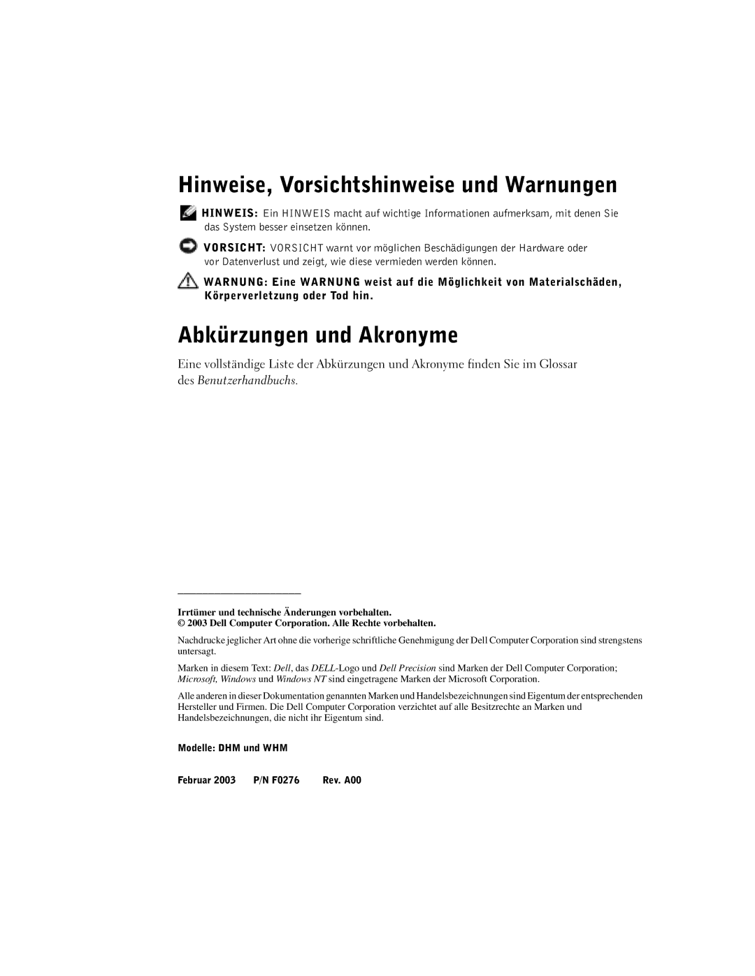 Dell F0276 manual Hinweise, Vorsichtshinweise und Warnungen, Abkürzungen und Akronyme 