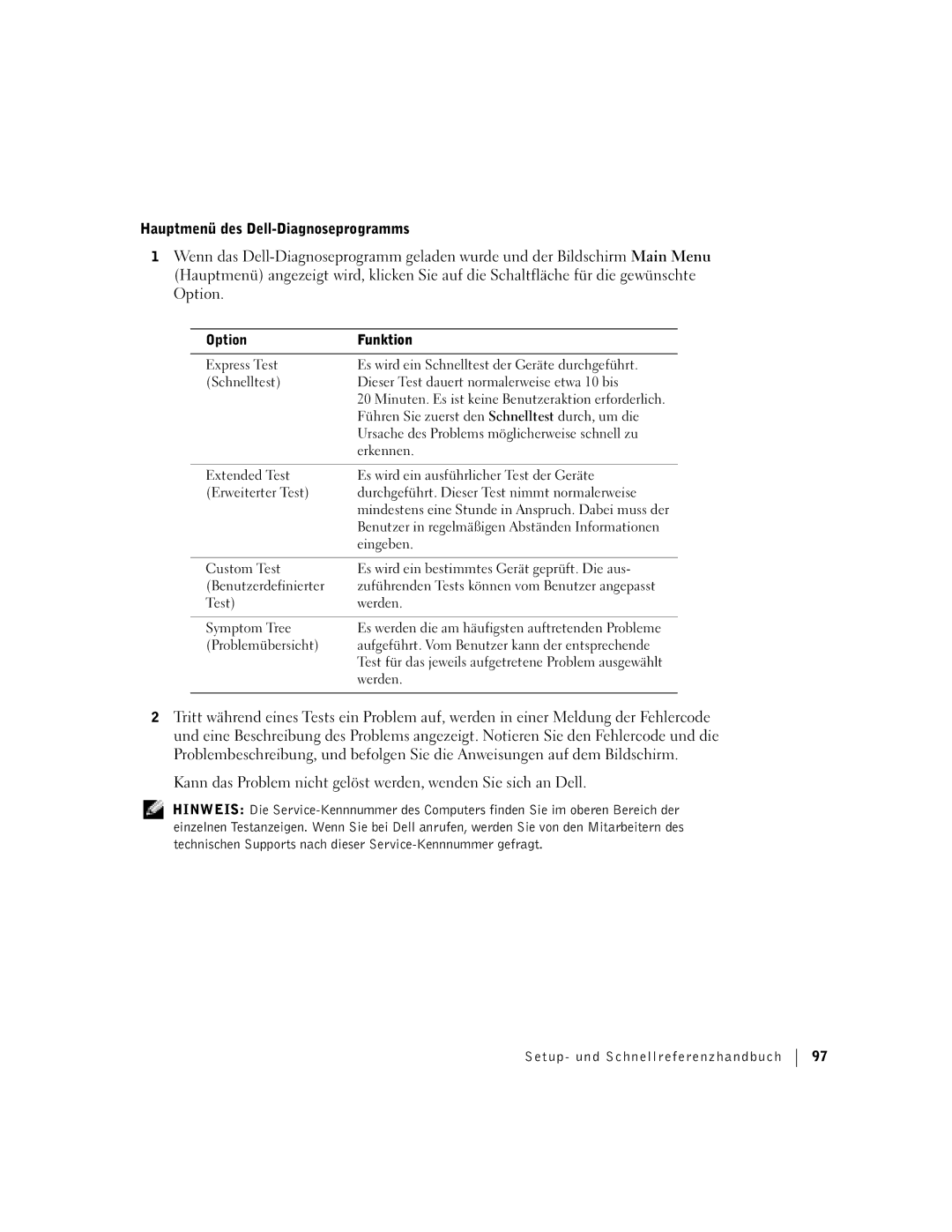 Dell F0276 manual Hauptmenü des Dell-Diagnoseprogramms, Führen Sie zuerst den Schnelltest durch, um die, Erkennen, Eingeben 