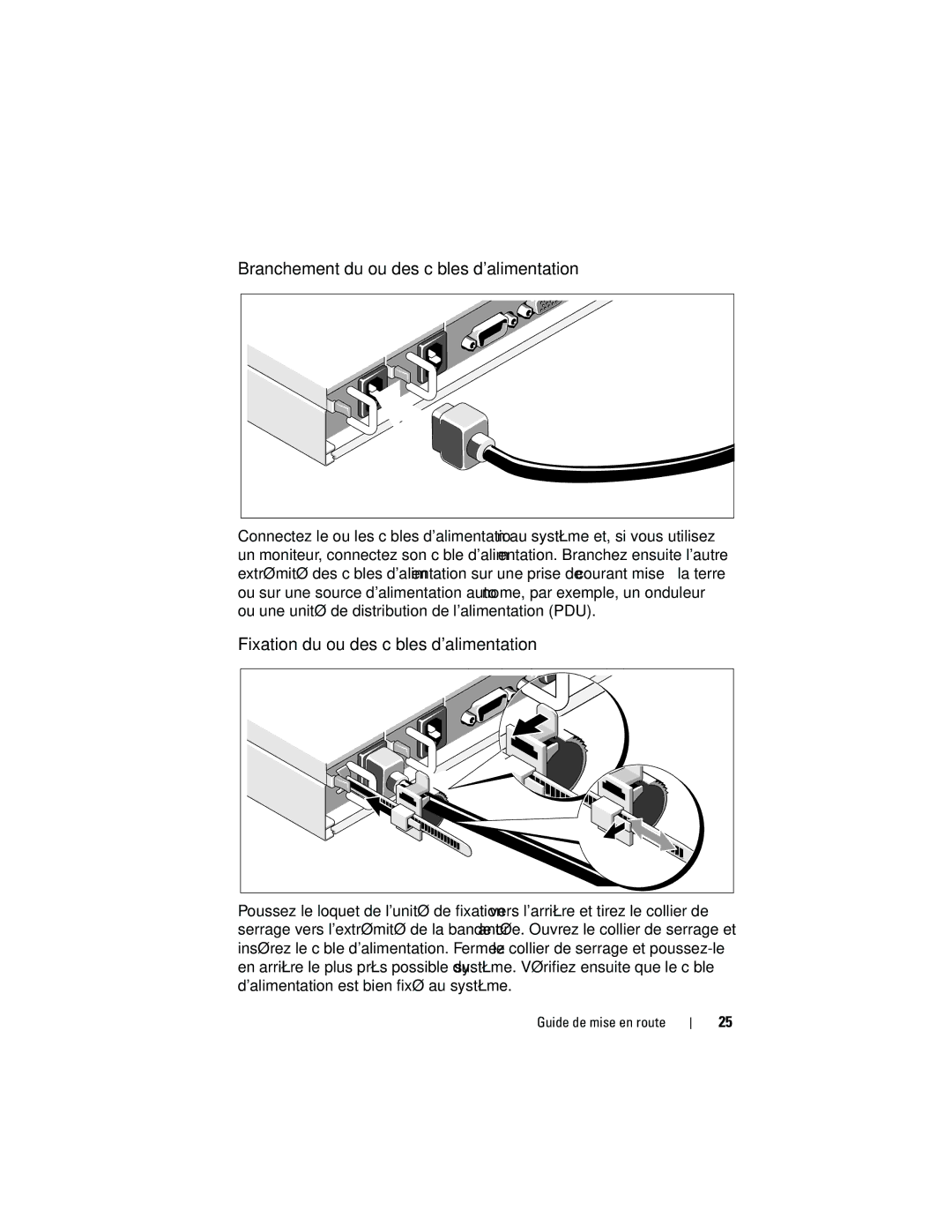 Dell F0VN9 manual Branchement du ou des câbles dalimentation, Fixation du ou des câbles dalimentation 