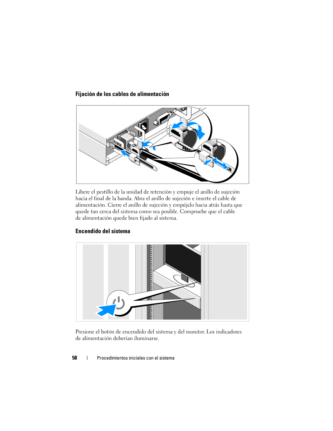 Dell F0VN9 manual Fijación de los cables de alimentación, Encendido del sistema 