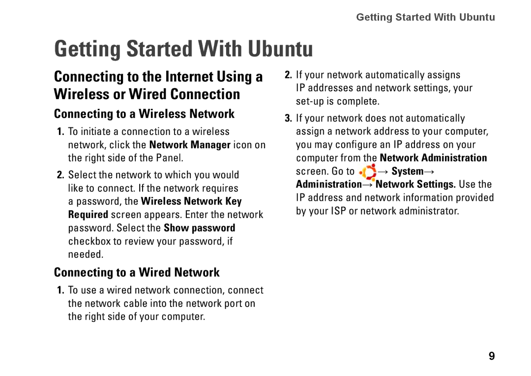 Dell 0F670RA00, 1010 quick start Getting Started With Ubuntu, Connecting to a Wired Network 