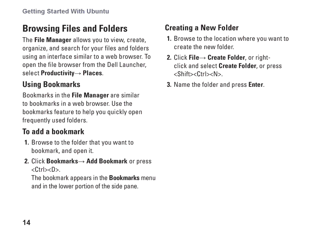 Dell 1010, 0F670RA00 quick start Browsing Files and Folders, Using Bookmarks, To add a bookmark, Creating a New Folder 