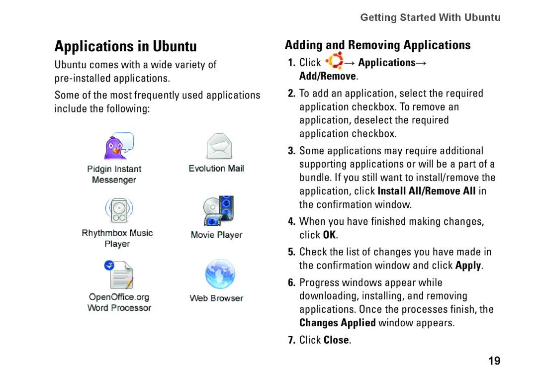 Dell 1010, 0F670RA00 quick start Applications in Ubuntu, Adding and Removing Applications 