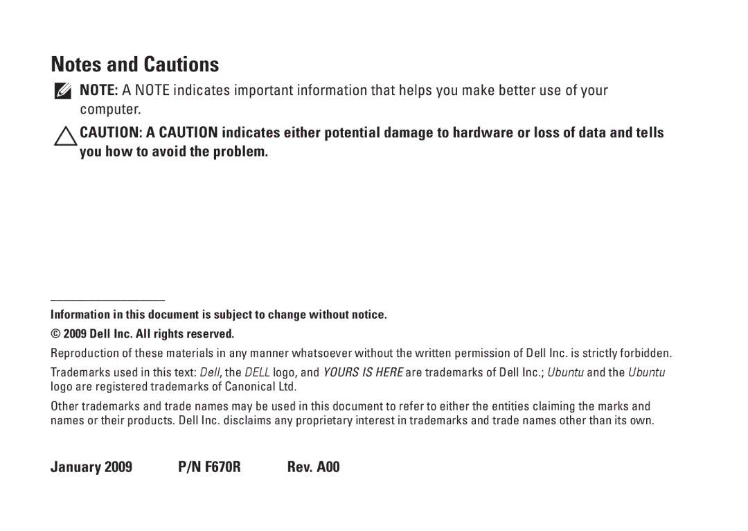 Dell 1010, 0F670RA00 quick start January 2009 P/N F670R Rev. A00 