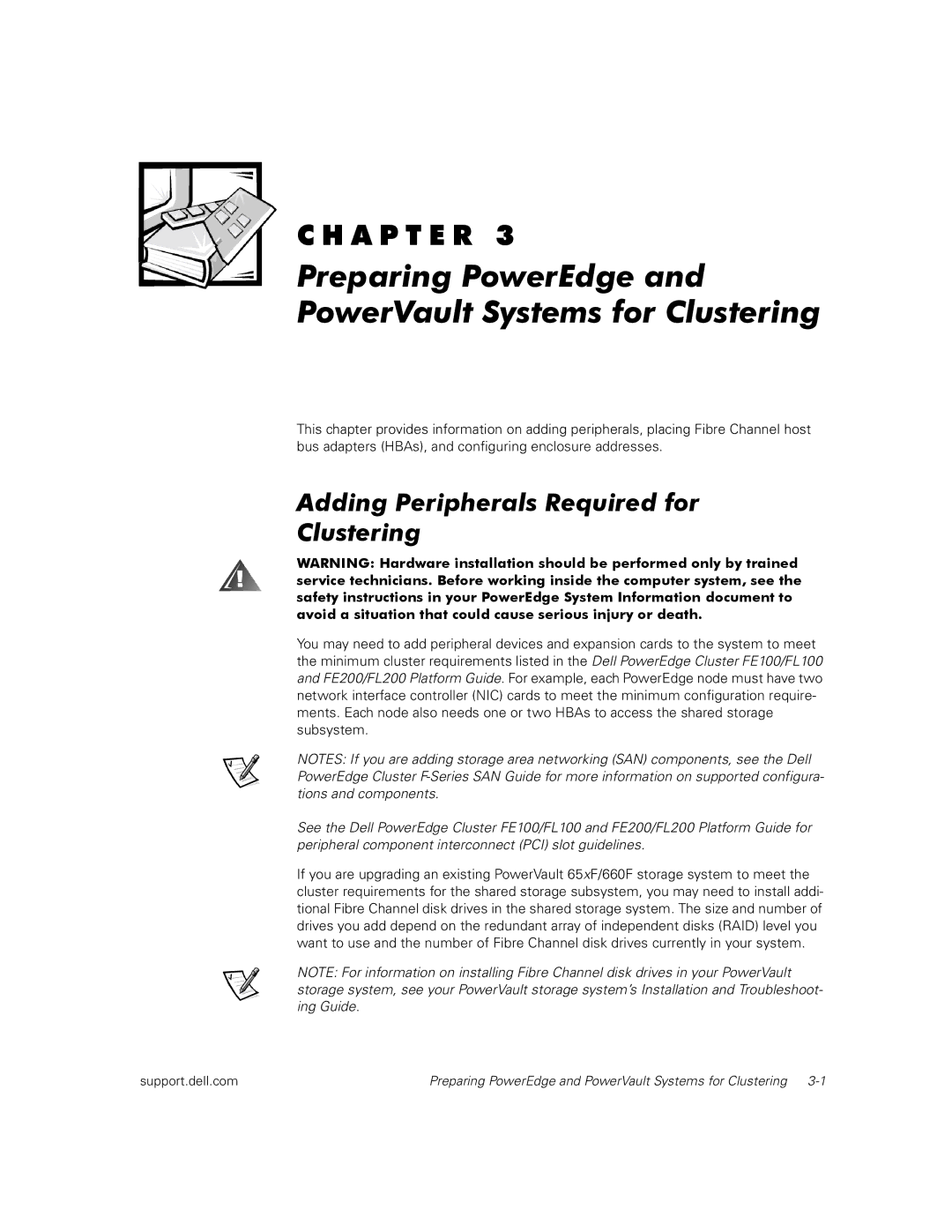 Dell FL100 manual Preparing PowerEdge and PowerVault Systems for Clustering, Adding Peripherals Required for Clustering 