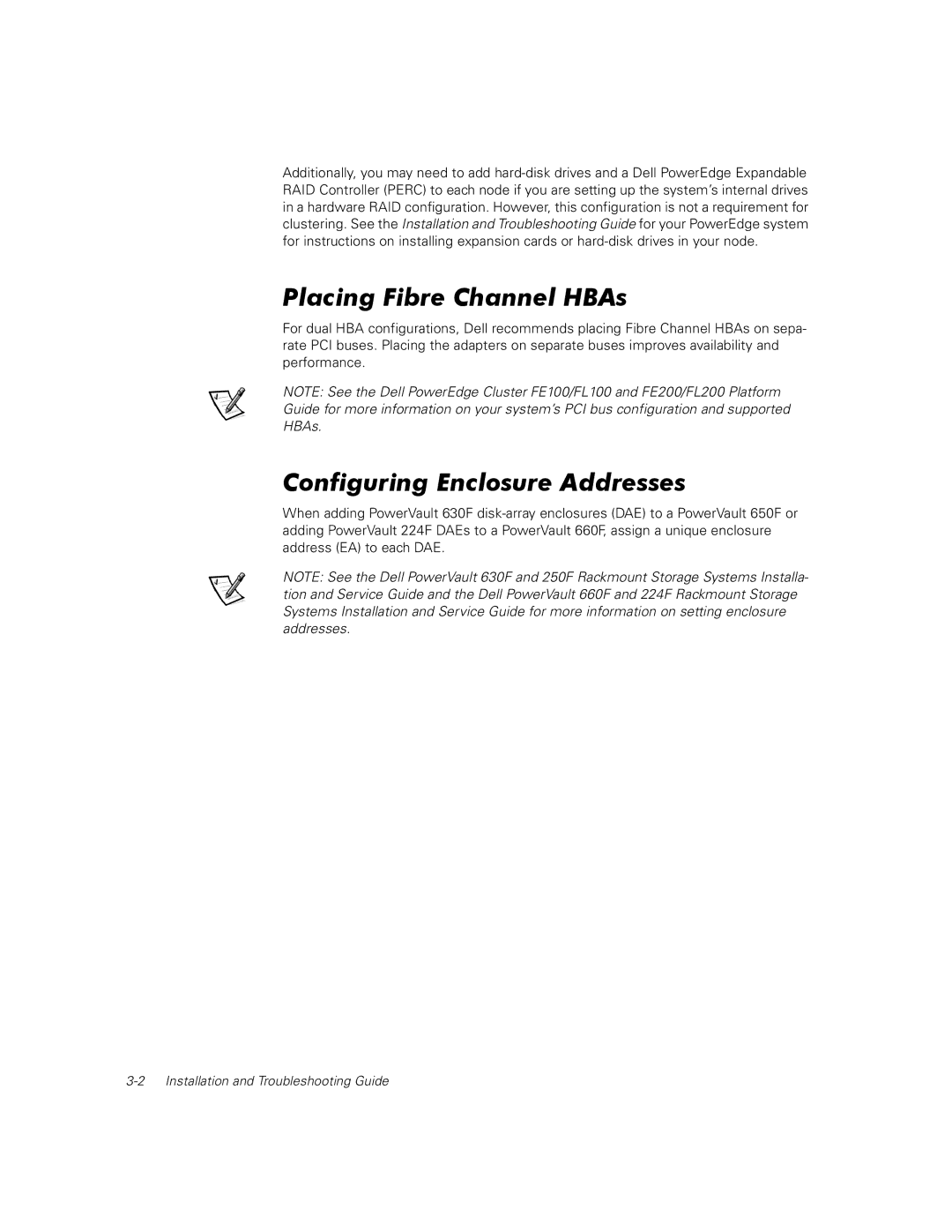 Dell FE200, FE100 manual Placing Fibre Channel HBAs, Configuring Enclosure Addresses, Installation and Troubleshooting Guide 