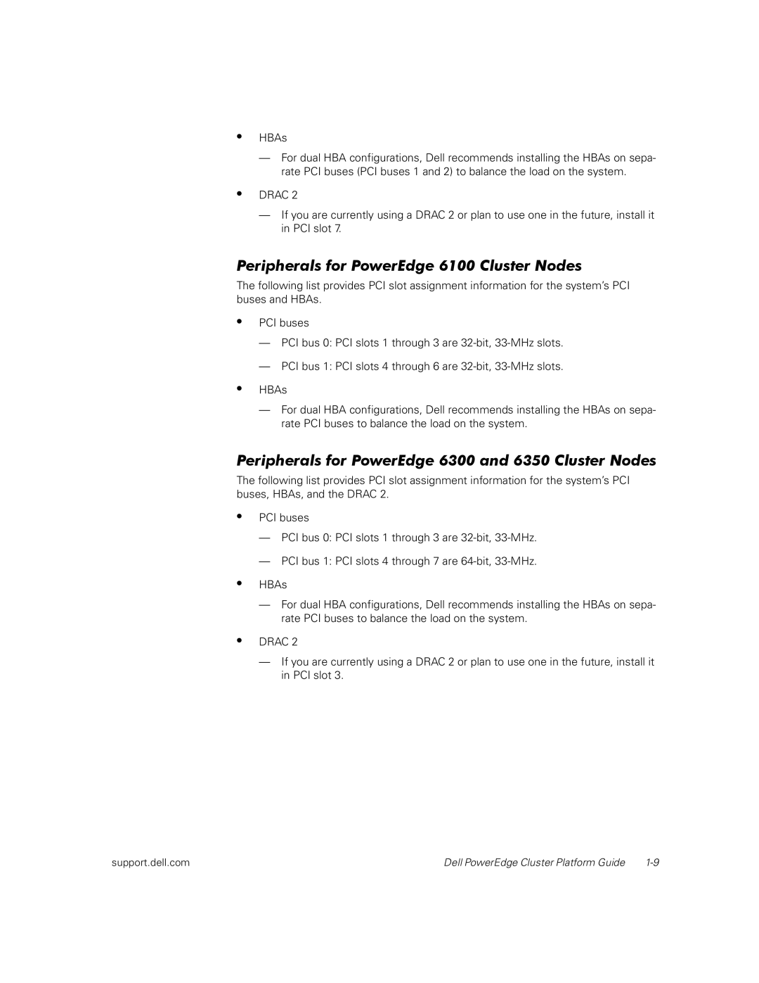 Dell FL100, FE100 manual Peripherals for PowerEdge 6100 Cluster Nodes, Peripherals for PowerEdge 6300 and 6350 Cluster Nodes 