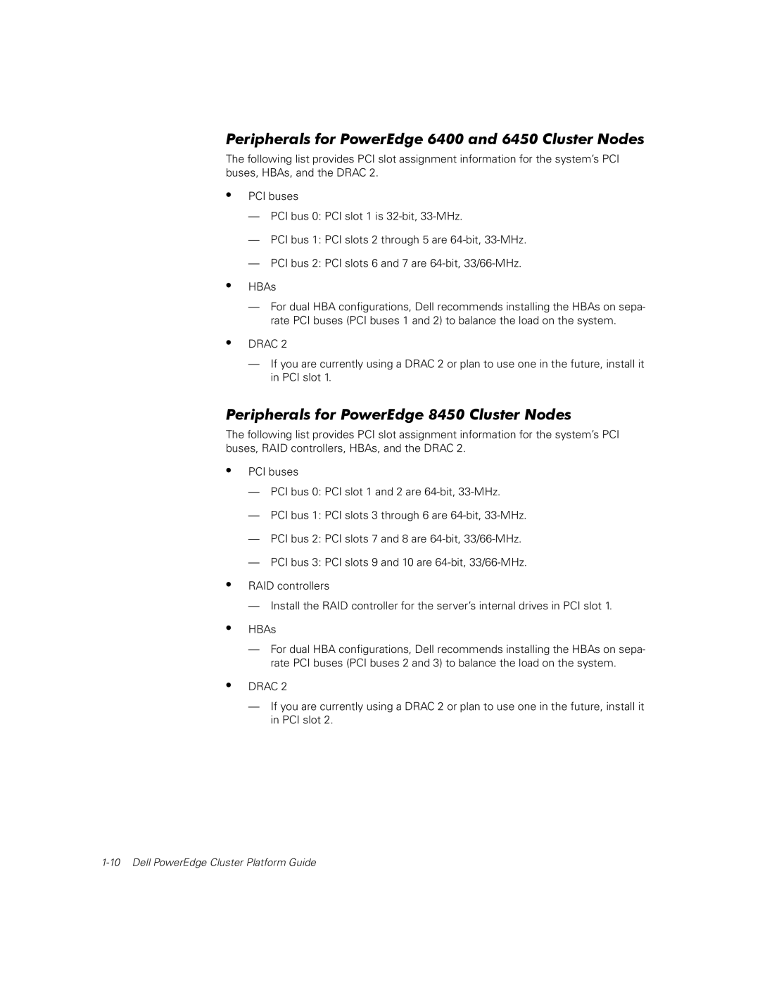 Dell FE200, FE100 manual Peripherals for PowerEdge 6400 and 6450 Cluster Nodes, Peripherals for PowerEdge 8450 Cluster Nodes 