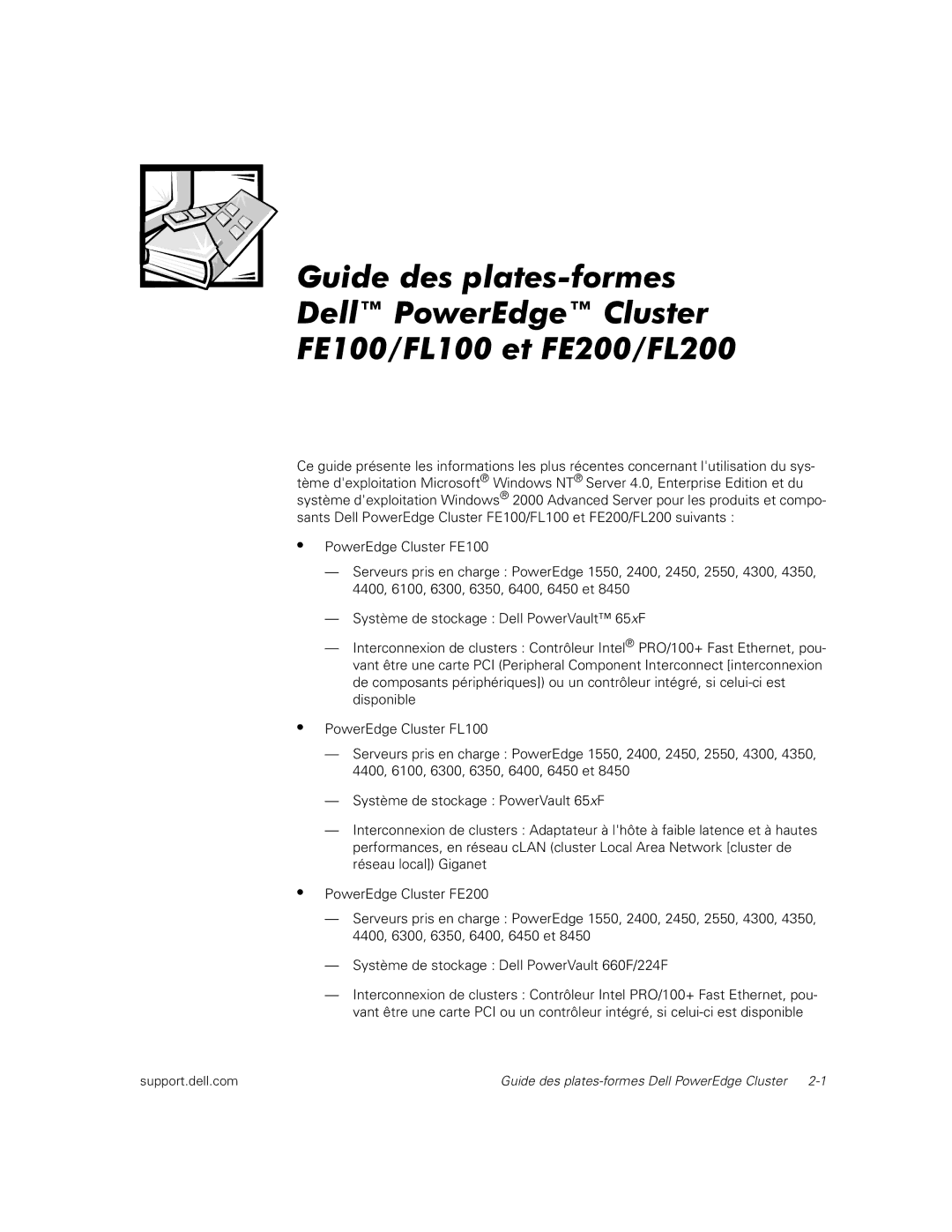 Dell FL100, FE100, FE200, FL200 manual Guide des plates-formes Dell PowerEdge Cluster 