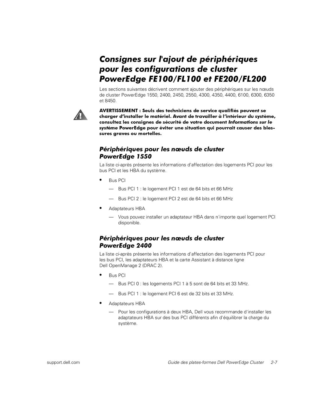 Dell FL200, FE100, FL100, FE200 manual Périphériques pour les nœuds de cluster PowerEdge 