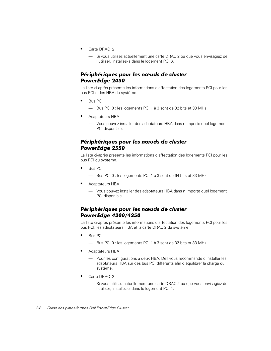 Dell FE100, FL100, FE200, FL200 manual Périphériques pour les nœuds de cluster PowerEdge 4300/4350 