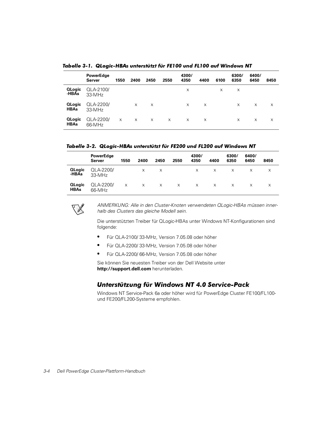 Dell FE200, FE100, FL100, FL200 manual Unterstützung für Windows NT 4.0 Service-Pack 