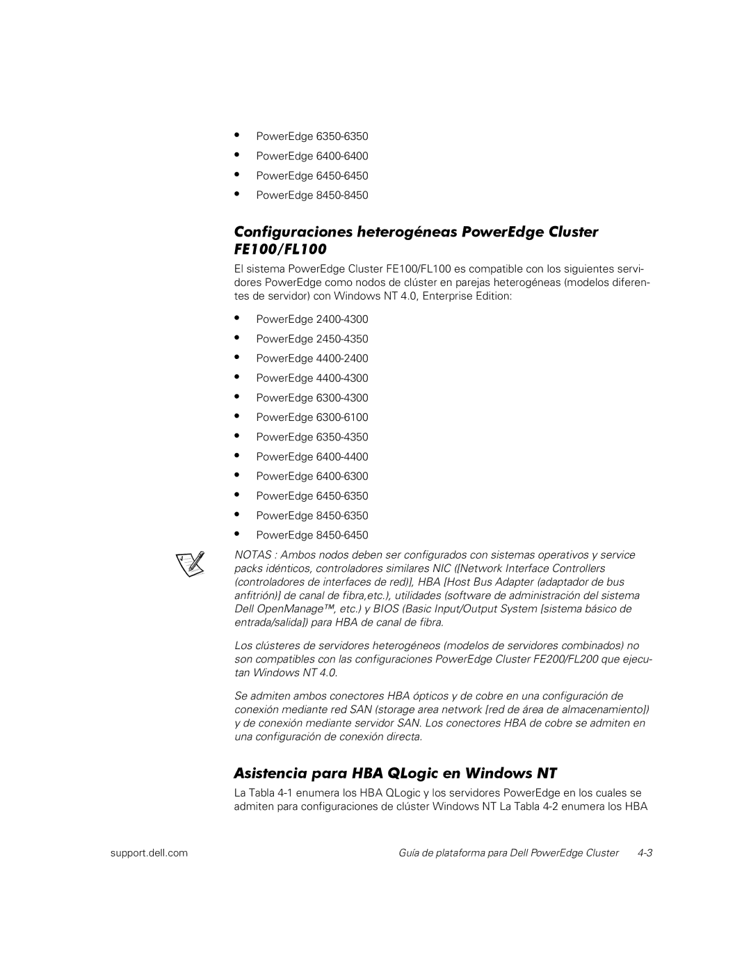 Dell FE200, FL200 Configuraciones heterogéneas PowerEdge Cluster FE100/FL100, Asistencia para HBA QLogic en Windows NT 