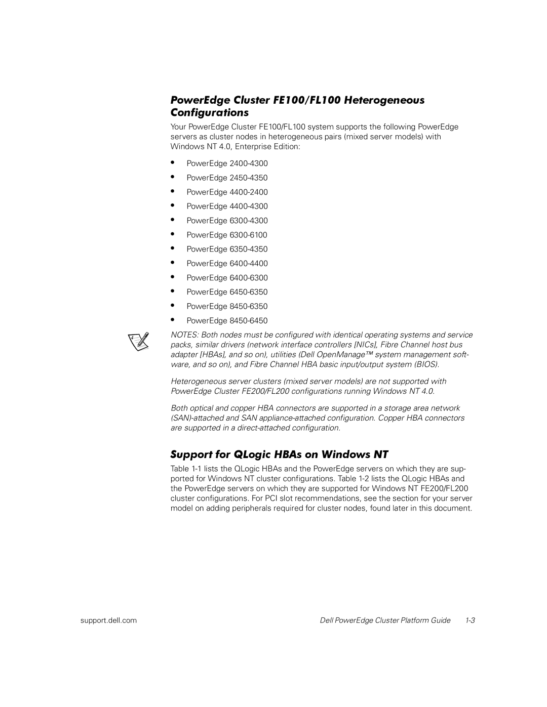 Dell FL200, FE200 manual PowerEdge Cluster FE100/FL100 Heterogeneous Configurations, Support for QLogic HBAs on Windows NT 