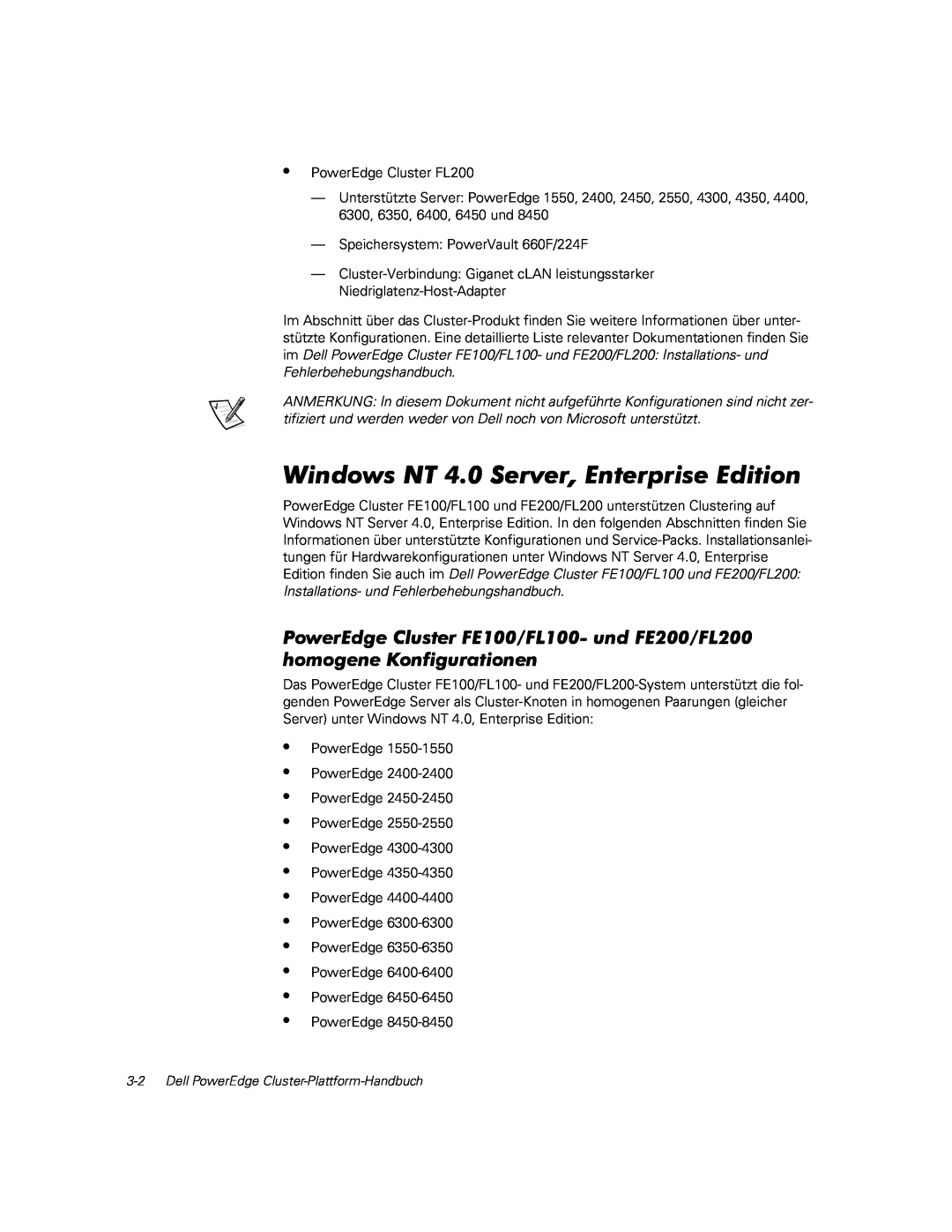 Dell FE100, FL100, FE200 manual Windows NT 4.0 Server, Enterprise Edition, • • • • • • • • • • • •, •PowerEdge Cluster FL200 