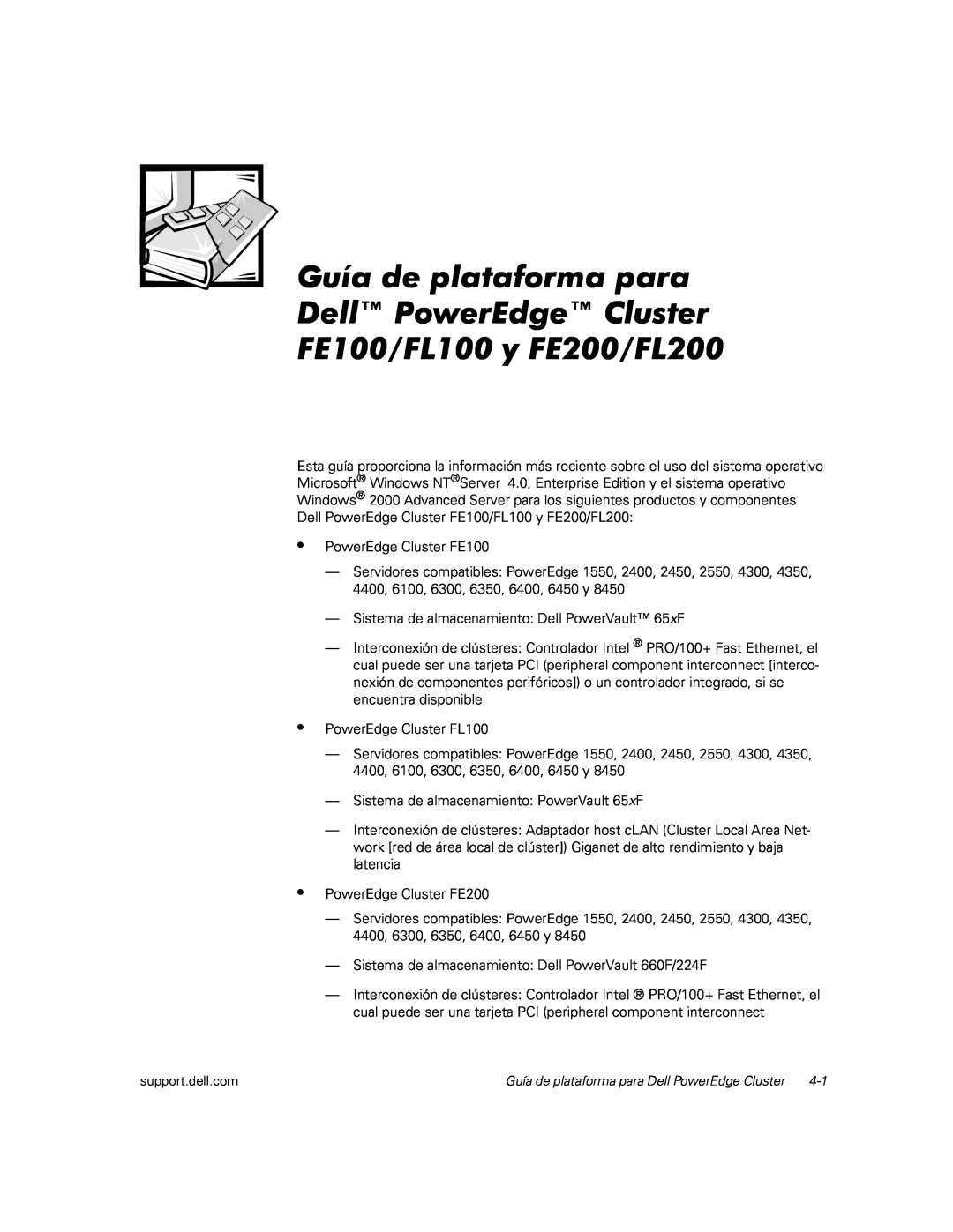 Dell FL200, FL100, FE200 manual • • •, PowerEdge Cluster FE100 