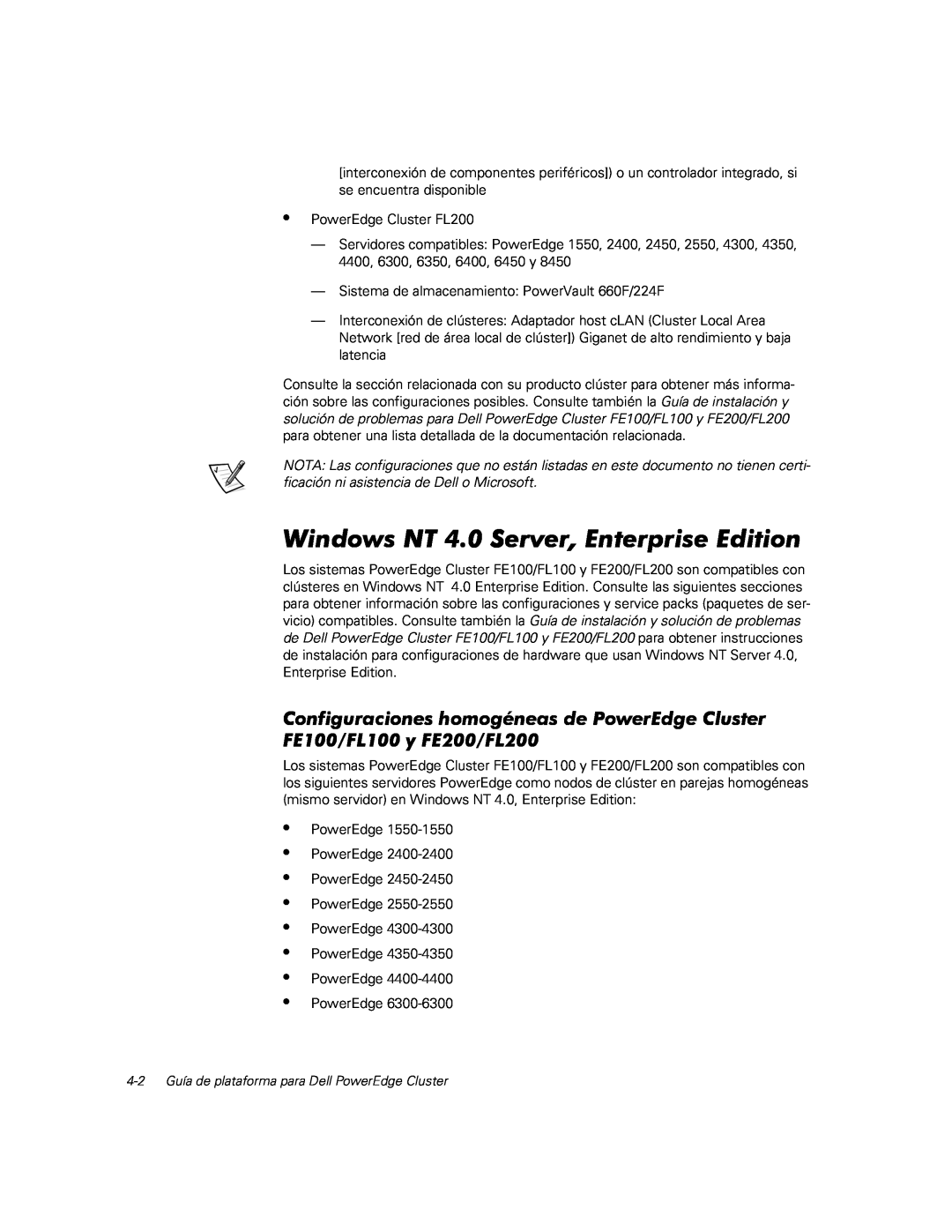 Dell FE100, FL100, FE200, FL200 manual • • • • • • • •, Windows NT 4.0 Server, Enterprise Edition 