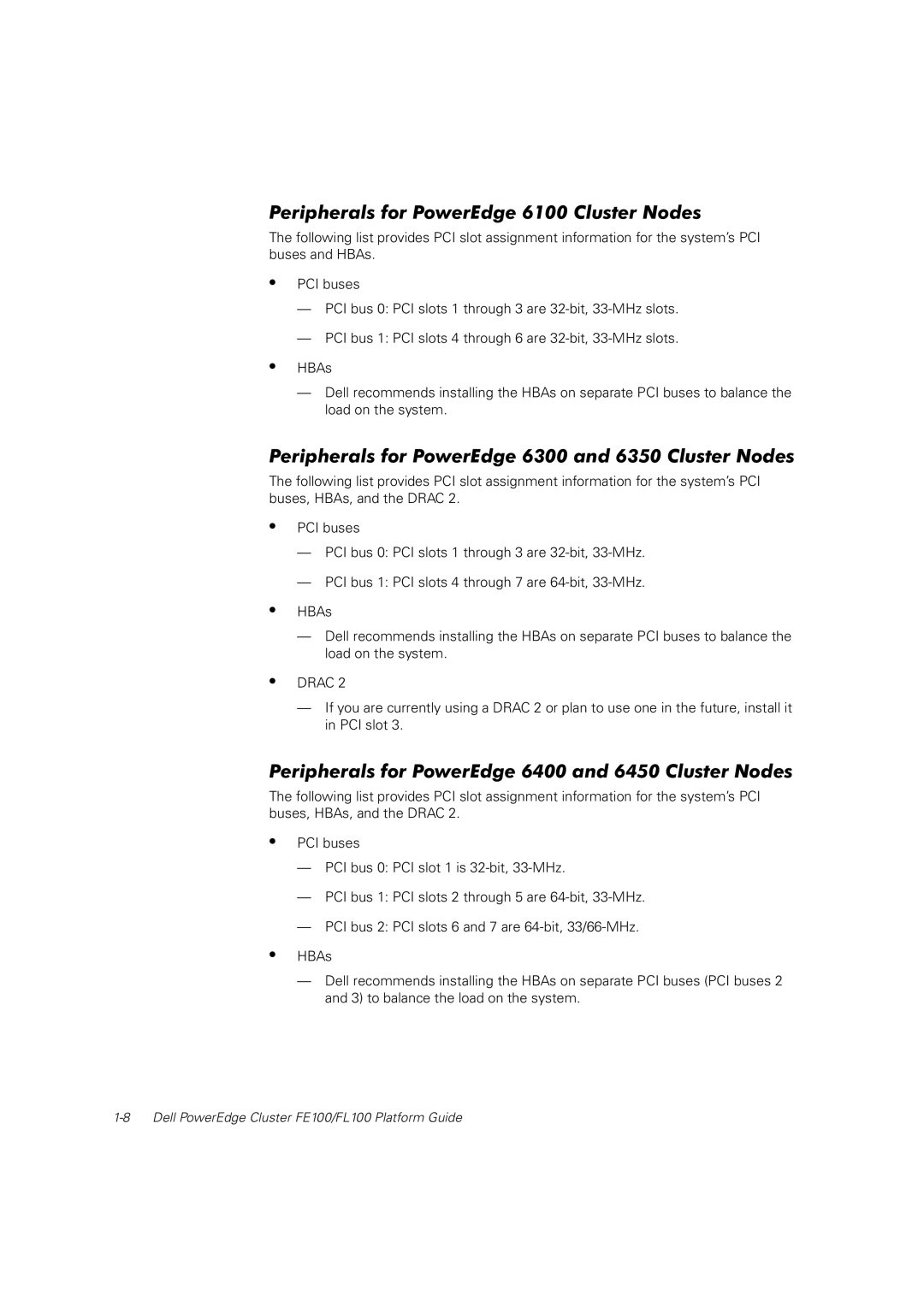 Dell FE100, FL100 manual Peripherals for PowerEdge 6100 Cluster Nodes, Peripherals for PowerEdge 6300 and 6350 Cluster Nodes 