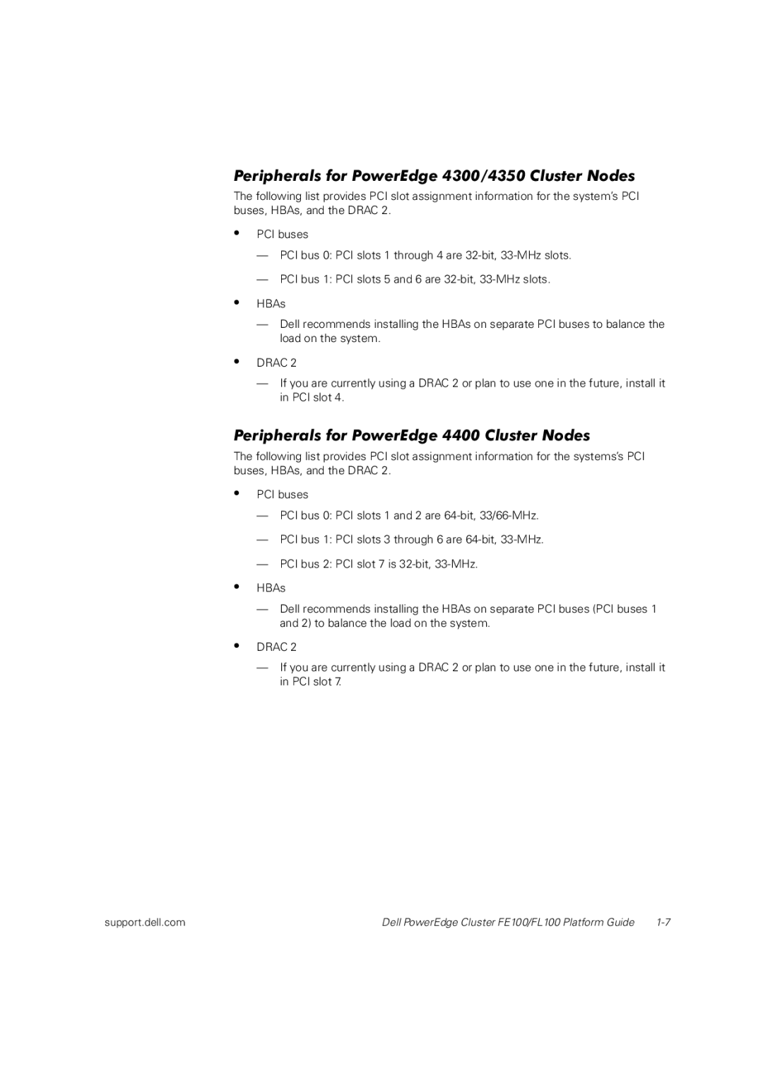 Dell FL100, FE100 manual Peripherals for PowerEdge 4300/4350 Cluster Nodes, Peripherals for PowerEdge 4400 Cluster Nodes 