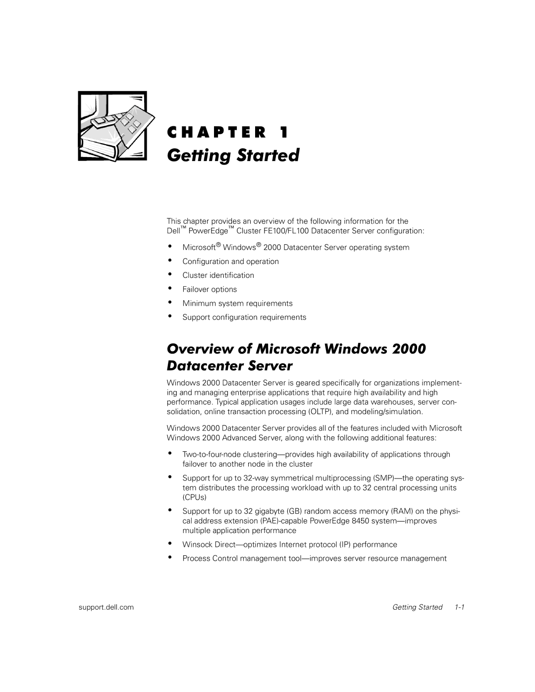 Dell FL100, FE100 manual Getting Started, Overview of Microsoft Windows 2000 Datacenter Server 