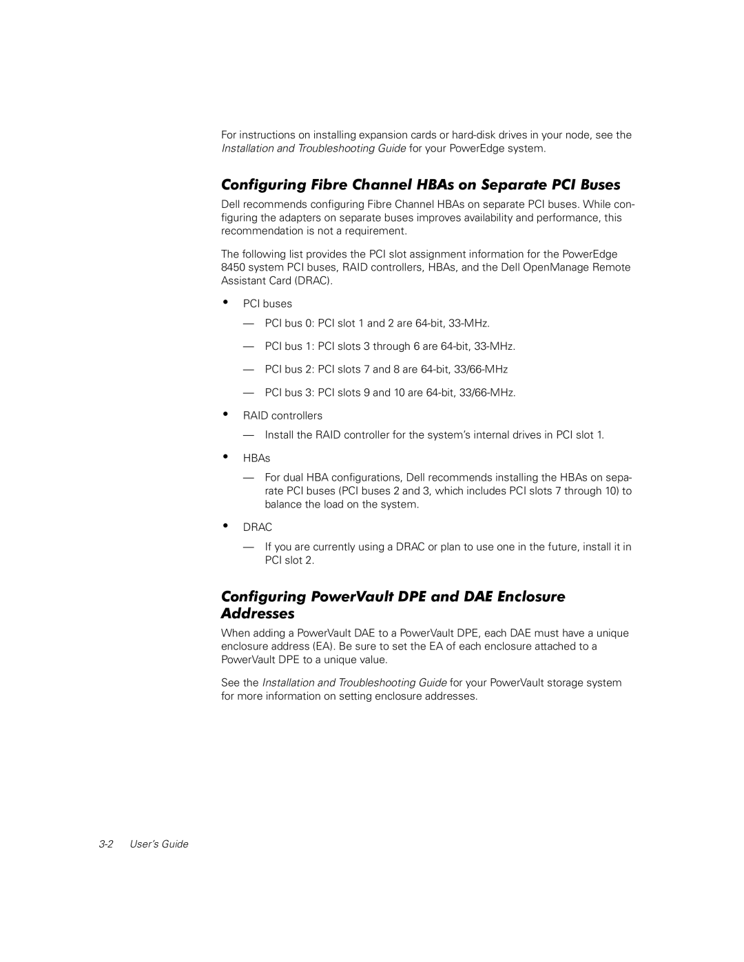 Dell FE100 Configuring Fibre Channel HBAs on Separate PCI Buses, Configuring PowerVault DPE and DAE Enclosure Addresses 