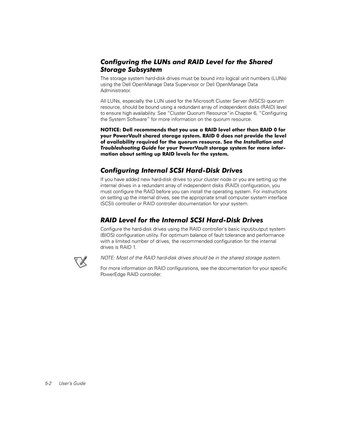 Dell FE100, FL100 manual Configuring Internal Scsi Hard-Disk Drives, RAID Level for the Internal Scsi Hard-Disk Drives 