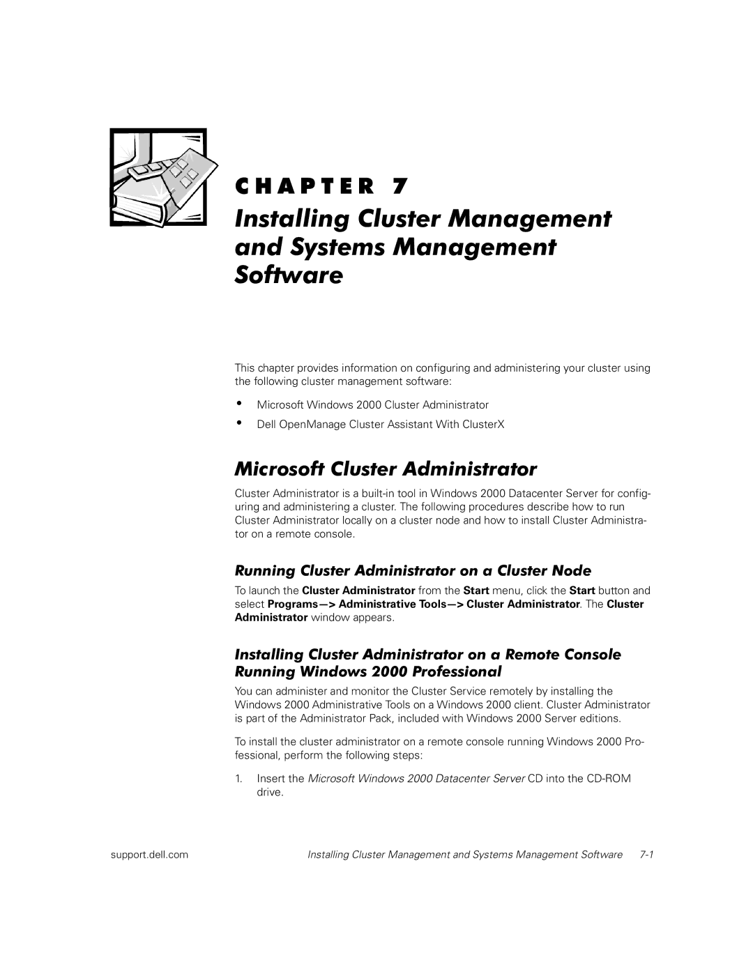 Dell FL100, FE100 manual Installing Cluster Management Systems Management Software, Microsoft Cluster Administrator 