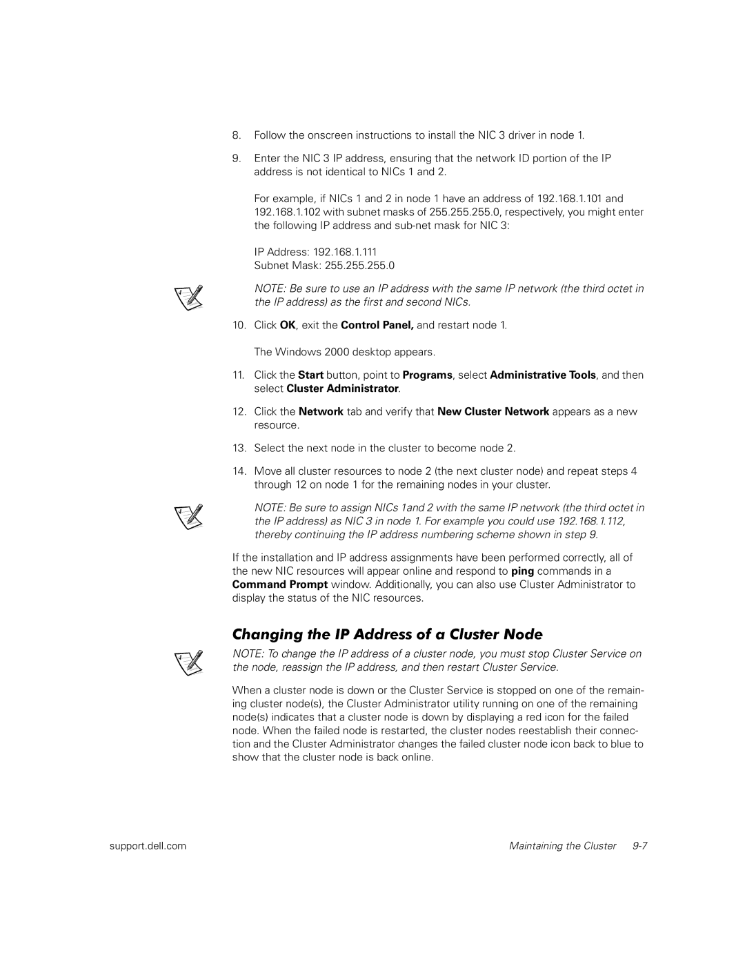 Dell FL100, FE100 manual Changing the IP Address of a Cluster Node 