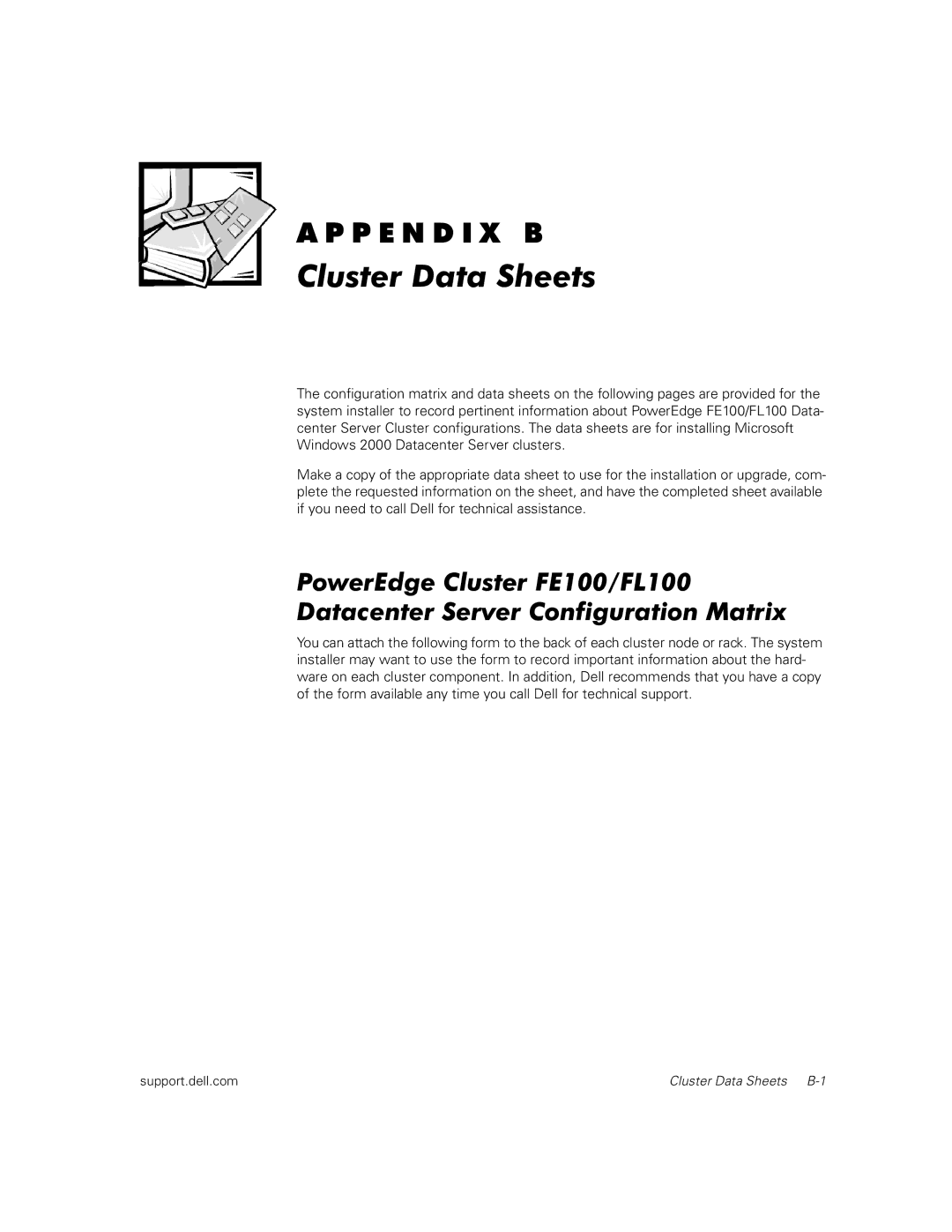 Dell FL100, FE100 manual Cluster Data Sheets 