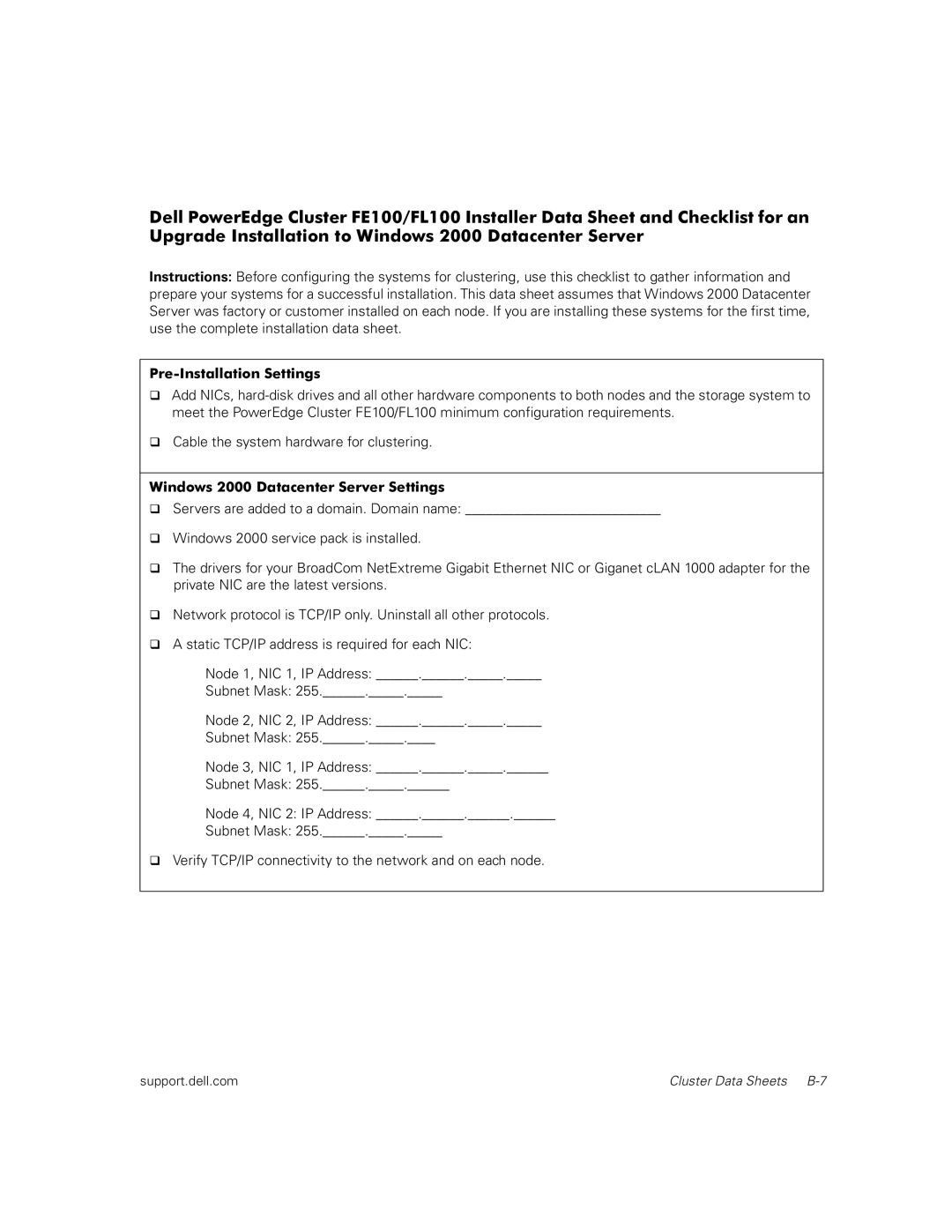 Dell FL100, FE100 manual Pre-Installation Settings, Windows 2000 Datacenter Server Settings 