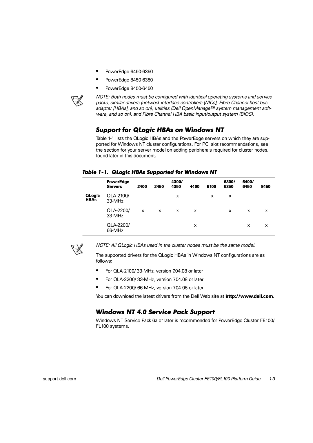 Dell FL100, FE100 manual Support for QLogic HBAs on Windows NT, Windows NT 4.0 Service Pack Support 