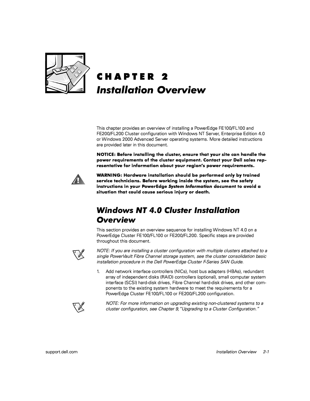 Dell FE200/FL200, FE100/FL100 manual Windows NT 4.0 Cluster Installation Overview, C H A P T E R 