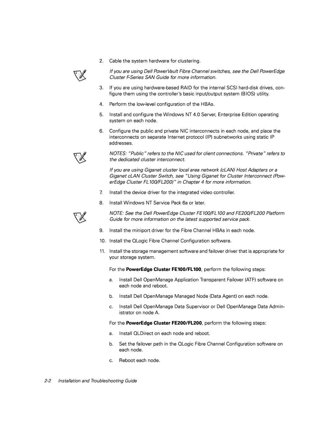 Dell FE100/FL100, FE200/FL200 manual Cable the system hardware for clustering 
