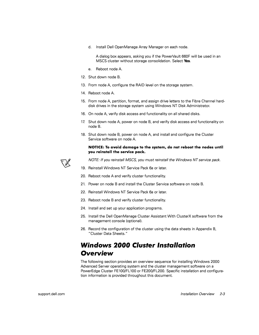 Dell FE200/FL200, FE100/FL100 manual Windows 2000 Cluster Installation Overview 
