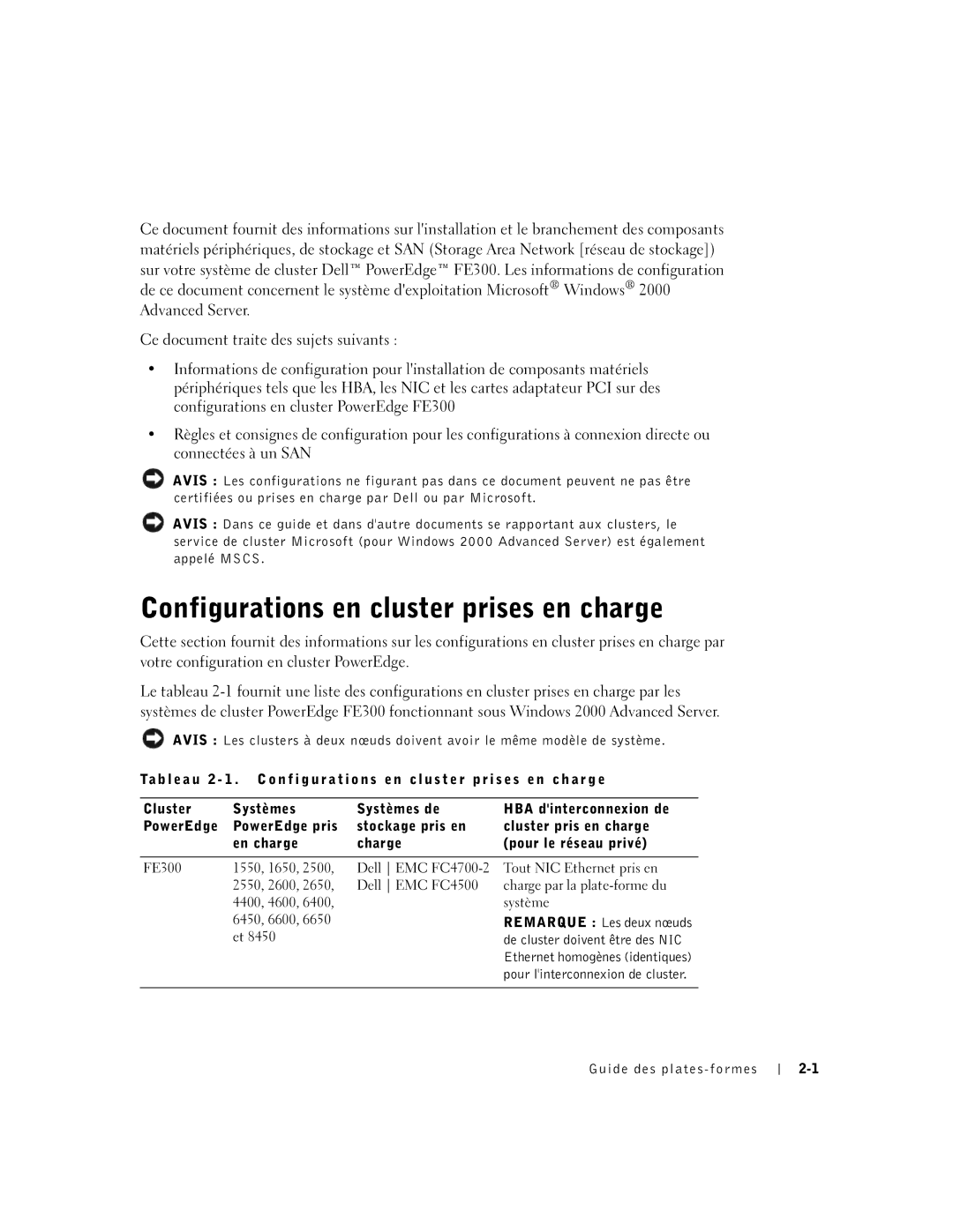 Dell FE300 manual Configurations en cluster prises en charge 