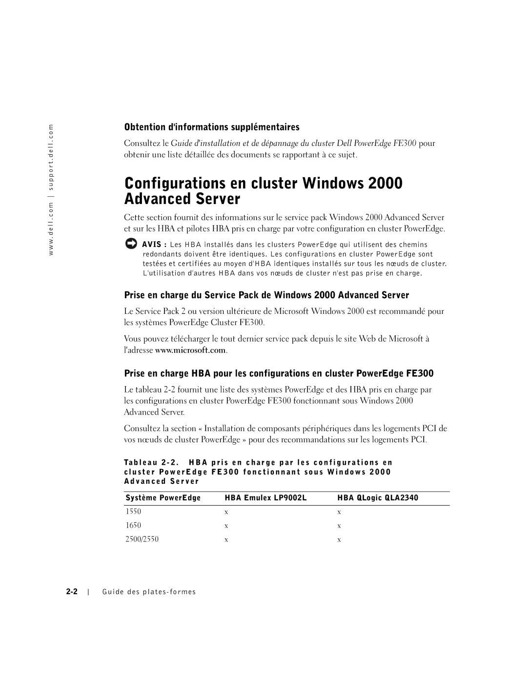 Dell FE300 manual Configurations en cluster Windows 2000 Advanced Server, Obtention dinformations supplémentaires 