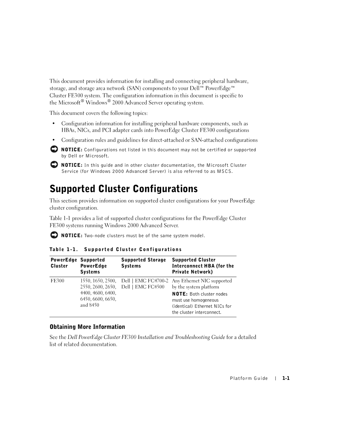 Dell FE300 manual Supported Cluster Configurations, Obtaining More Information 