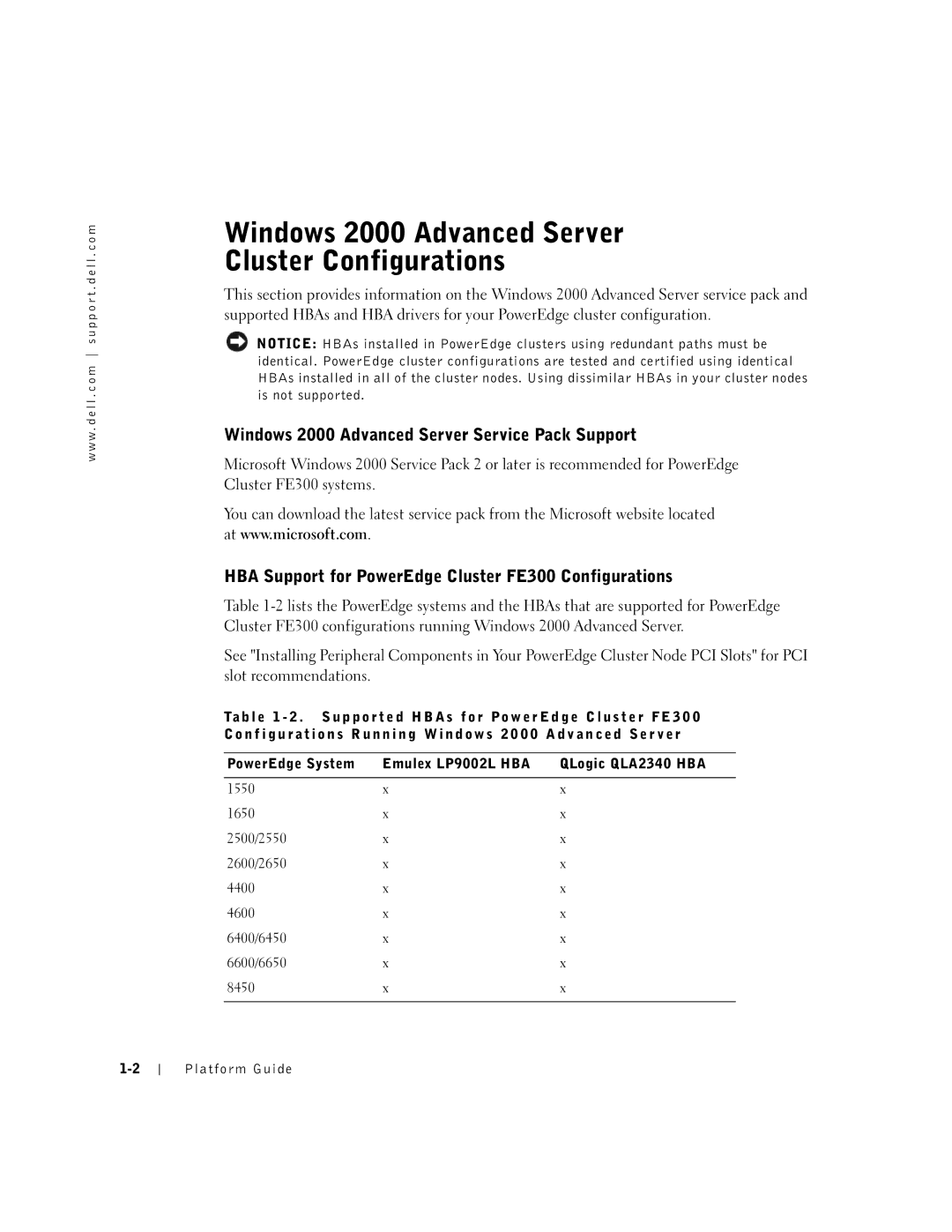 Dell FE300 manual Windows 2000 Advanced Server Cluster Configurations, Windows 2000 Advanced Server Service Pack Support 