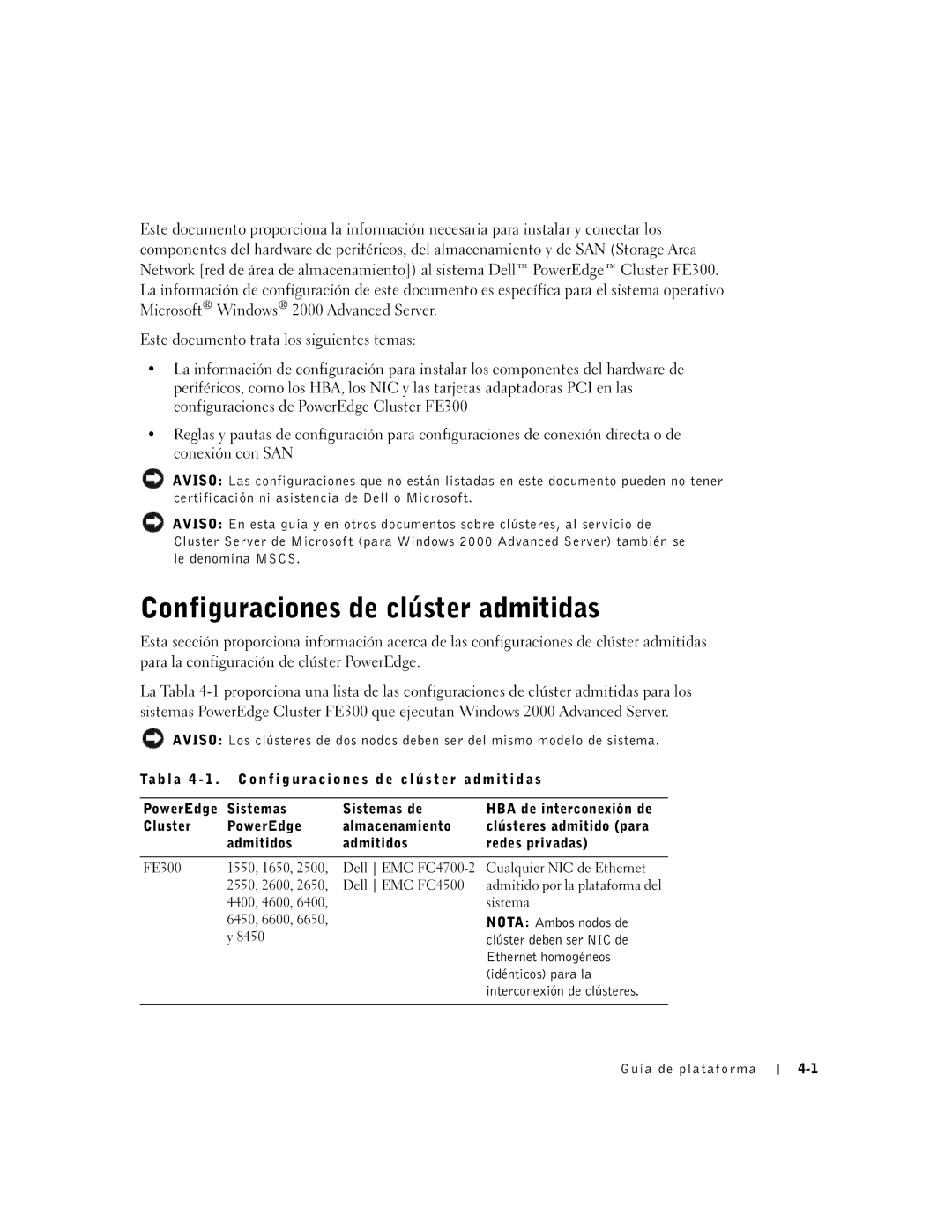 Dell FE300 manual Configuraciones de clúster admitidas 