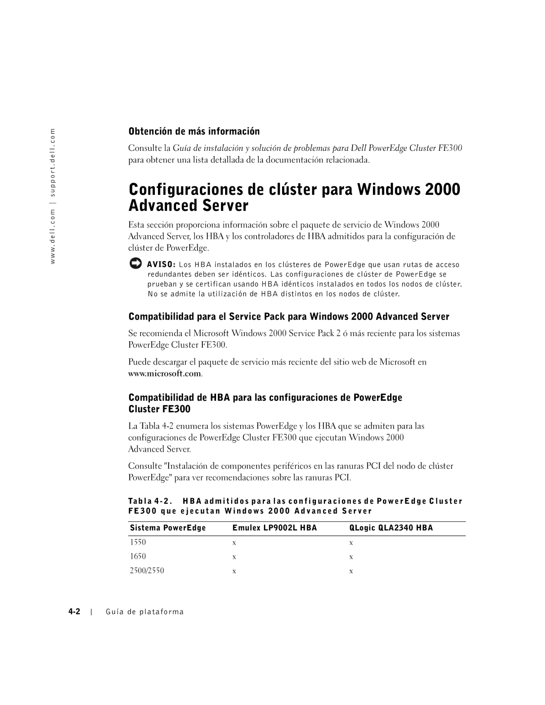 Dell FE300 manual Configuraciones de clúster para Windows 2000 Advanced Server, Obtención de más información 