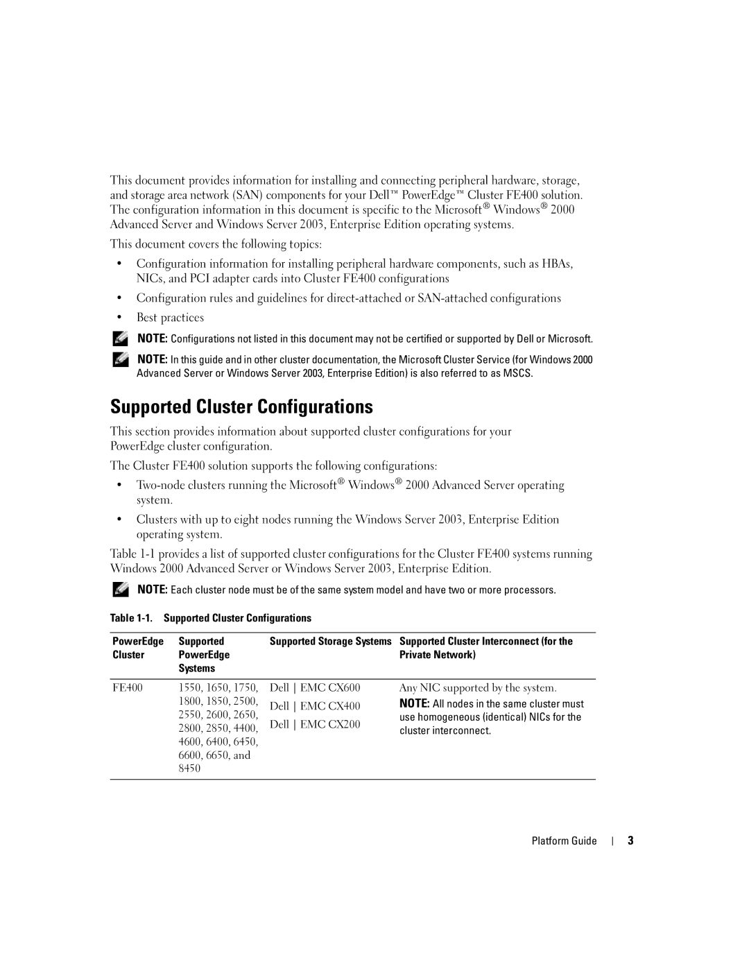 Dell FE400 manual Supported Cluster Configurations 