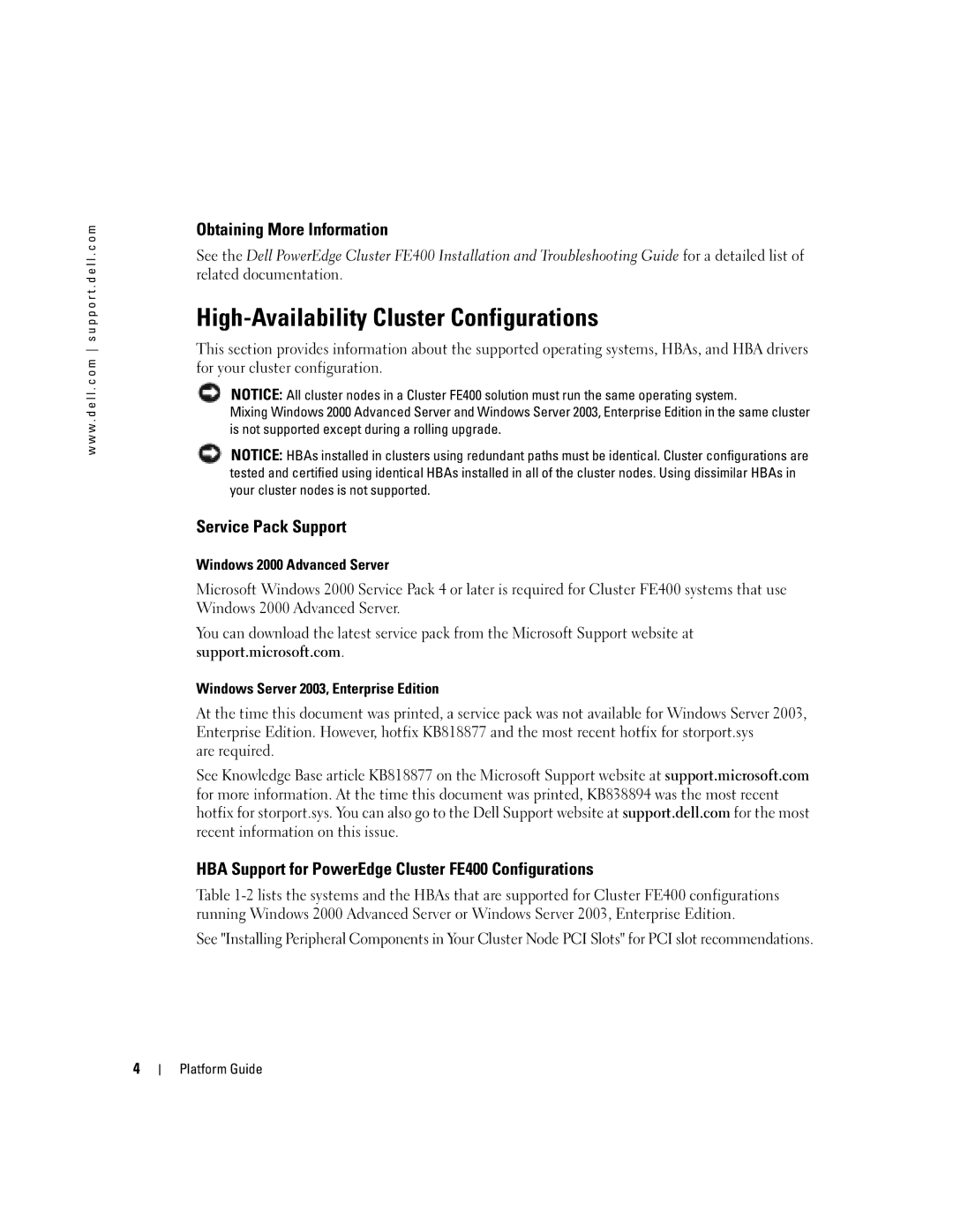 Dell FE400 High-Availability Cluster Configurations, Windows 2000 Advanced Server, Windows Server 2003, Enterprise Edition 